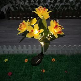 LED Solar Rose Orchid Flower Light Outdoor Garden Waterproof Simulation Lawn Lamp Wedding Party Christmas Decor Landscape Light - 7 head orchid yellow