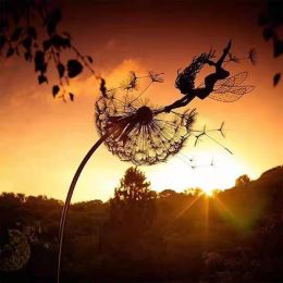 Dandelion Figurine Fairies Pixies Dancing Fairy Statue Steel Wires Fairy Garden Miniature Sculpture Mythical Garden Yard Decor - F