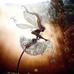 Dandelion Figurine Fairies Pixies Dancing Fairy Statue Steel Wires Fairy Garden Miniature Sculpture Mythical Garden Yard Decor - C
