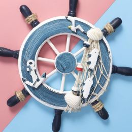 Two-color Crafts Rudder; Boat Wooden Steering Wheel Decor; Wall Decoration - Blue Rudder