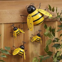 4pcs; Metal Wall Art; Metal Bumble Bee Wall Decor; 3D Iron Bee Art Sculpture Hanging Wall Decorations For Outdoor Home Garden - Metallic Bumble Bee Wa