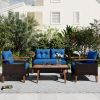 4-Piece Garden Furniture;  Patio Seating Set;  PE Rattan Outdoor Sofa Set;  Wood Table and Legs;  Brown and Beige - Blue