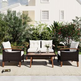 4-Piece Garden Furniture;  Patio Seating Set;  PE Rattan Outdoor Sofa Set;  Wood Table and Legs;  Brown and Beige - Beige