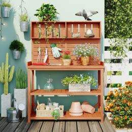 65" Large Wooden Farmhouse Rustic Outdoor Potting Bench Table;  Patio Workstation;  Garden Potting Bench with 4 Storage Shelves and Side Hook - Natura
