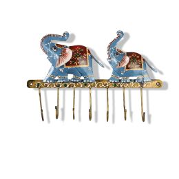WILLART Handmade Elephant Design Metal Wall Hanging Antique7 Key Hooks Key Holder Coat Hanger for Home DâˆšÂ©cor Wall DâˆšÂ©cor (31.50 cm x 21.50 cm) - Blue
