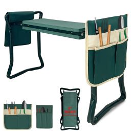 Heavy Duty Foldable Garden Kneeler and Seat Gardening Bench with Two Tool Pouches and 6" Widen Soft Kneeling Pad - KM4020