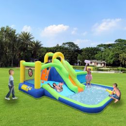 7 in1 Inflatable slide water park bouncing house outdoor garden bouncer with Whack a mole games & Splash pool & Target games & Water gun & Climbing wa