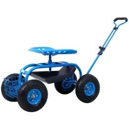Rolling Garden Scooter Garden Cart Seat with Wheels and Tool Tray; 360 Swivel Seat; Blue - as Pic