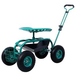 Rolling Garden Scooter Garden Cart Seat with Wheels and Tool Tray; 360 Swivel Seat; Green - as Pic