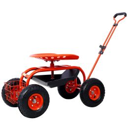 Rolling Garden Scooter Garden Cart Seat with Wheels and Tool Tray; 360 Swivel Seat; Red - as Pic