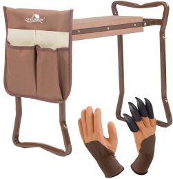 Folding Garden Kneeler Seat Foldable Bench Stool Soft Kneeling Pad w/ Tool Pouch;  Coffee Brown - KM3427-C-LM
