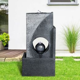 24.4inches Cascading Water Fountain with Led Lights Indoor/Outdoor Modern Sphere &amp; Column Water Feature for Office Home Garden Patio Decor - as Pi
