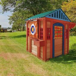 Eco-friendly Outdoor Wooden 4-in-1 Game House for kids garden playhouse with different games on every surface; Solid wood; 61.4"Lx45.98'Wx64.17H - as
