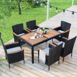 7-Piece Outdoor Patio Dining Set, Garden PE Rattan Wicker Dining Table and Chairs Set, Acacia Wood Tabletop, Stackable Armrest Chairs with Cushions -