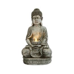 Meditating Sitting Buddha Solar Lights Outdoor Garden Patio Statue Light Decor - gray