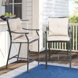 Patio Bar Stools Set of 2 Outdoor Bar Height Chairs Patio Furniture Steel Chairs with Armrest and Cushions for Outdoor Indoor - Beige