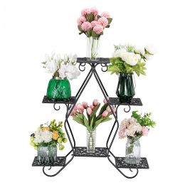 Artisasset One Black Paint 30.3 Inch High Pentagon 3 Layers 5 Seats Potted Plant Stand With Pattern Layout RT - black