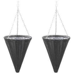 Hanging Flower Baskets 2 pcs Poly Rattan Black - Black