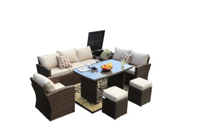 Direct Wicker 7 PCS Outdoor PE Rattan Wicker Sofa Rattan Patio Garden Furniture;  With Wide Cabinet;  Gray - brown