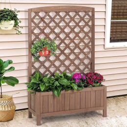 Wooden Planter Box Raised Garden Bed With Trellis - Brown - Wood