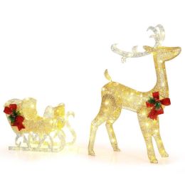 Christmas Reindeer Sleigh Decoration with 100 Lights - golden