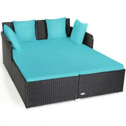 Spacious Outdoor Rattan Daybed with Upholstered Cushion - Turquoise