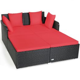 Spacious Outdoor Rattan Daybed with Upholstered Cushion - Red