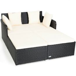 Spacious Outdoor Rattan Daybed with Upholstered Cushion - White