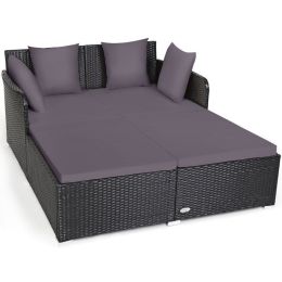 Spacious Outdoor Rattan Daybed with Upholstered Cushion - gray
