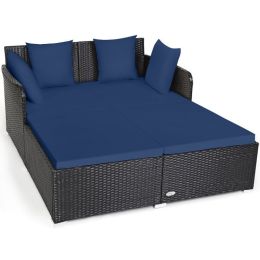 Spacious Outdoor Rattan Daybed with Upholstered Cushion - Navy