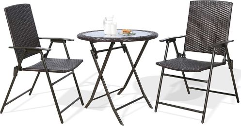 Outdoor 3 Pieces Wicker Folding Bistro Set;  Balcony Table and Chairs Sets;  Garden Backyard Furniture - 3 piece