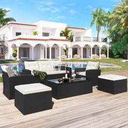 6-piece All-Weather Wicker PE rattan Patio Outdoor Dining Conversation Sectional Set with coffee table, wicker sofas, ottomans, removable cushions - B