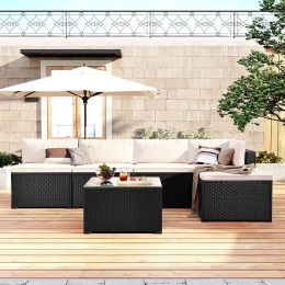 6-Piece Outdoor Furniture Set with PE Rattan Wicker, Patio Garden Sectional Sofa Chair, removable cushions - Beige