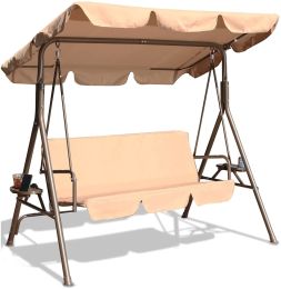 Outdoor 2-Seat Swing with Teapoy Weather Resistant Canopy Powder Coated Steel Frame Patio Swinging Hammock with  Stand and Removable Cushion - beige