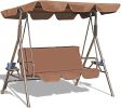 Outdoor 2-Seat Swing with Teapoy Weather Resistant Canopy Powder Coated Steel Frame Patio Swinging Hammock with  Stand and Removable Cushion - coffee