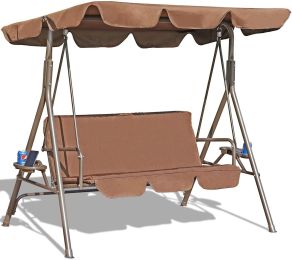 Outdoor 2-Seat Swing with Teapoy Weather Resistant Canopy Powder Coated Steel Frame Patio Swinging Hammock with  Stand and Removable Cushion - coffee