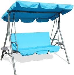 Outdoor 2-Seat Swing with Teapoy Weather Resistant Canopy Powder Coated Steel Frame Patio Swinging Hammock with  Stand and Removable Cushion - bule