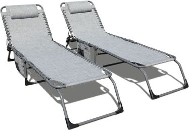 Set of 2 Outdoor Chaise Lounge with Detachable Pocket and Pillow;  Portable Adjustable Patio Sun Lounge Chair for Garden; Beach;  Sunbathing - grey