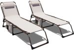 Set of 2 Outdoor Chaise Lounge with Detachable Pocket and Pillow;  Portable Adjustable Patio Sun Lounge Chair for Garden; Beach;  Sunbathing - beige