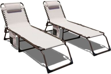 Set of 2 Outdoor Chaise Lounge with Detachable Pocket and Pillow;  Portable Adjustable Patio Sun Lounge Chair for Garden; Beach;  Sunbathing - beige