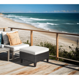 Outdoor Patio Furniture Wicker Ottoman Seat with Cushion;  All Weather Foot Rest Stool Coffee Table;  Easy to Assemble - Beige