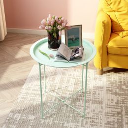 Folding Tray Metal Side Table, Sofa Table Small Round End Tables, Anti-Rust and Waterproof Outdoor or Indoor Snack Table, Accent Coffee Table - Green