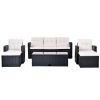 6-piece All-Weather Wicker PE rattan Patio Outdoor Dining Conversation Sectional Set with coffee table, wicker sofas, ottomans, removable cushions - B