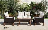 4-Piece Garden Furniture;  Patio Seating Set;  PE Rattan Outdoor Sofa Set;  Wood Table and Legs;  Brown and Beige - Beige