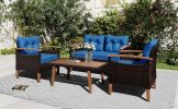 4-Piece Garden Furniture;  Patio Seating Set;  PE Rattan Outdoor Sofa Set;  Wood Table and Legs;  Brown and Beige - Blue