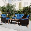 4-Piece Garden Furniture;  Patio Seating Set;  PE Rattan Outdoor Sofa Set;  Wood Table and Legs;  Brown and Beige - Blue