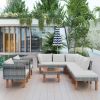9-Piece Outdoor Patio Garden Wicker Sofa Set, Gray PE Rattan Sofa Set, with Wood Legs, Acacia Wood Tabletop, Armrest Chairs with Beige Cushions - Beig