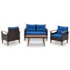 4-Piece Garden Furniture;  Patio Seating Set;  PE Rattan Outdoor Sofa Set;  Wood Table and Legs;  Brown and Beige - Blue