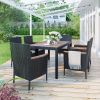 7-Piece Outdoor Patio Dining Set, Garden PE Rattan Wicker Dining Table and Chairs Set, Acacia Wood Tabletop, Stackable Armrest Chairs with Cushions -