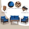 4-Piece Garden Furniture;  Patio Seating Set;  PE Rattan Outdoor Sofa Set;  Wood Table and Legs;  Brown and Beige - Blue